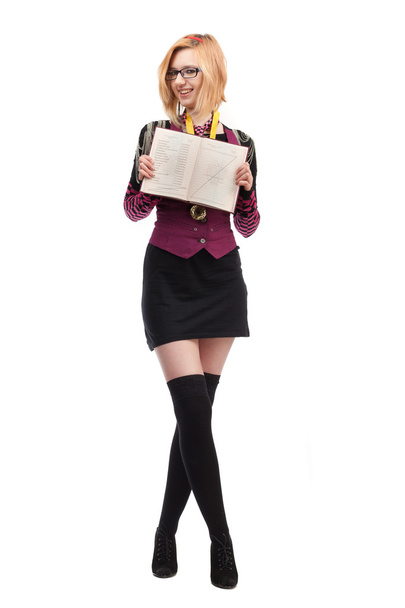 Schoolgirl with a high school diploma on a white background - Zdjęcie, obraz