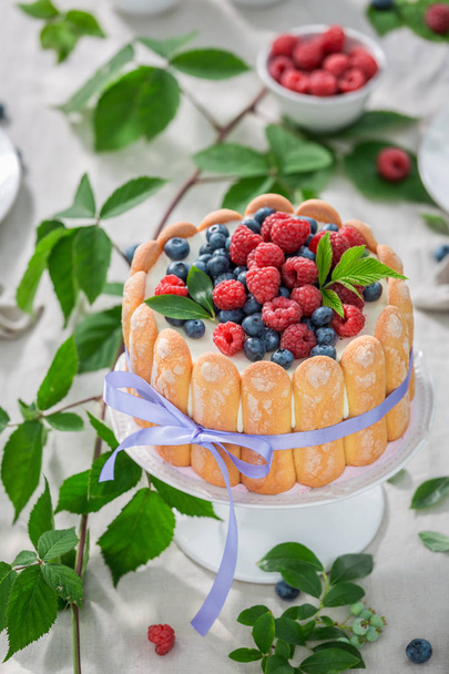 Closeup of sweet yoghurt cake with raspberries and blueberries - Φωτογραφία, εικόνα