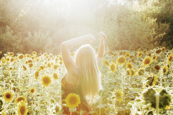 Beauty sunlit woman on yellow sunflower field Freedom and happiness concept - Photo, Image