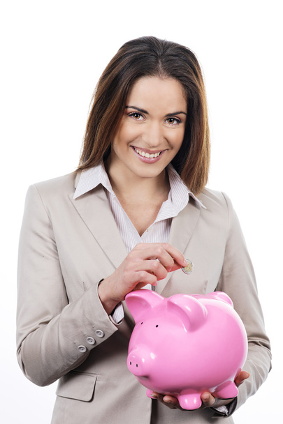 woman with piggy bank and money - Φωτογραφία, εικόνα