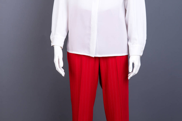 Valkoinen pusero ja punaiset housut, rajattu kuva
. - Valokuva, kuva