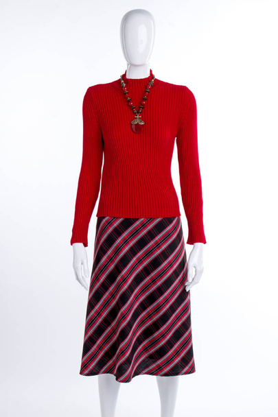 Червоний светр, спідниця і намисто
. - Фото, зображення