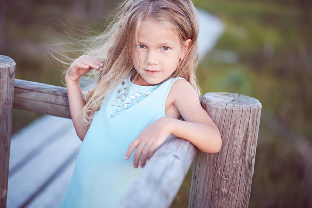 Portrait of a cute little girl, standing outdoors while leaning on a wooden fence. - Foto, Imagen
