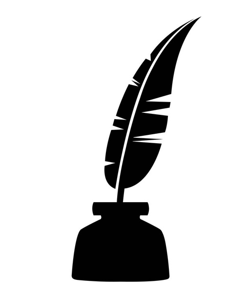 黒のシルエット。羽根ペンとインク壺の色アイコン。黒い執筆羽。ペンのシンボル イラスト。白い背景で隔離のベクトル図 - ベクター画像