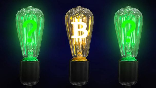 The concept of the growth of the exchange rate bitcoin. The sign of the crypto bitcoin currency is inside of the retro lamps. - Photo, Image
