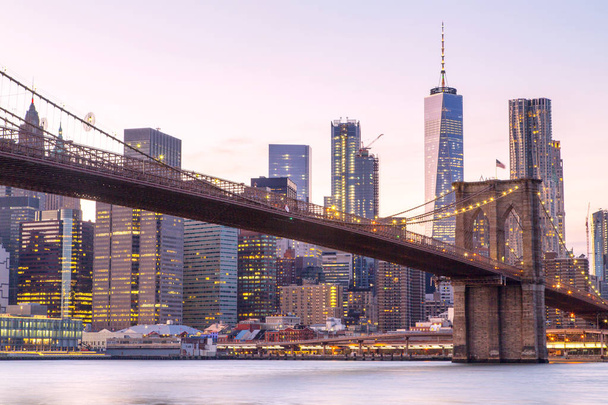 New York, Lower Manhattan skyline with Brooklyn Bridge - Photo, Image