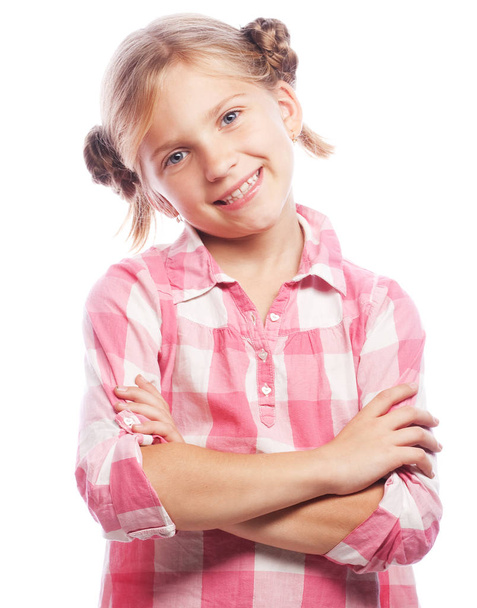 Portrait of a happy little girl over white background - Zdjęcie, obraz