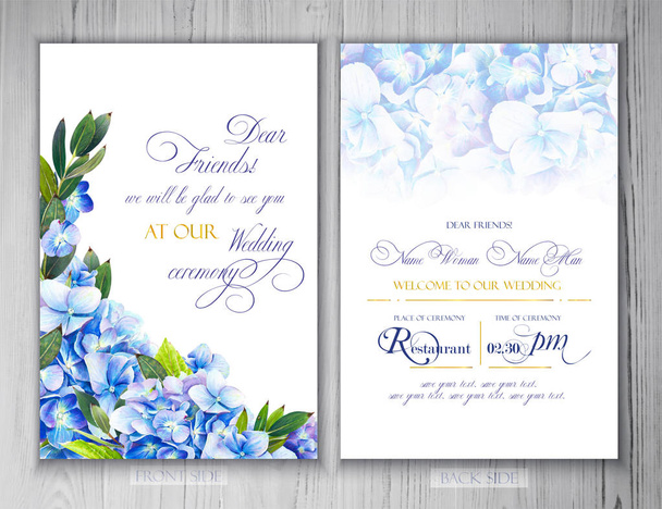 Set of templates for greetings or invitations to the wedding.  Illustration by markers, beautiful composition of hydrangea and leaves. Imitation of watercolor drawing. - Photo, Image