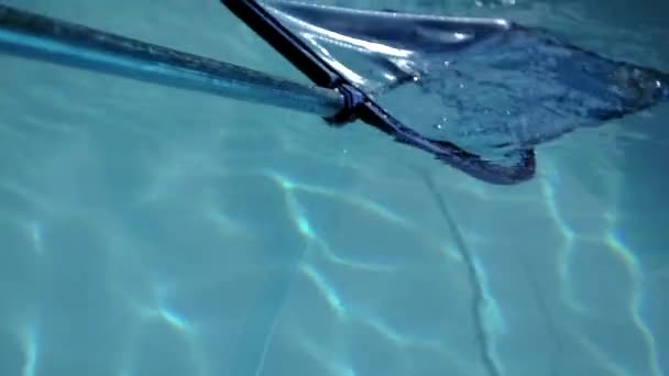 Pool-Reinigungsnetz bewegt sich mit Wellen auf dem Wasser - Filmmaterial, Video