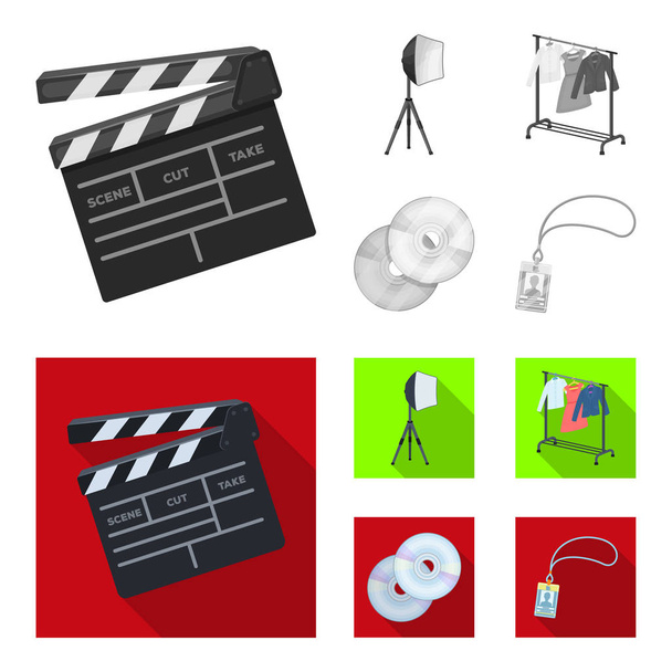 Películas, discos y otros equipos para el cine. Hacer películas set colección iconos en monocromo, plano estilo vector símbolo stock ilustración web
. - Vector, imagen