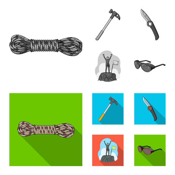 Climber on conquered top, coil of rope, knife, hammer.Mountaineering set collection icons in monochrome,flat style vector symbol stock illustration web. - Vettoriali, immagini