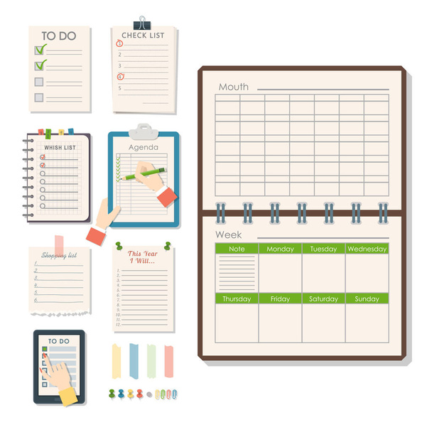 Agenda list vector business paper clipboard in flat style self-adhesive checklist notes agenda calendário planejador organizador artigo ilustração
. - Vetor, Imagem