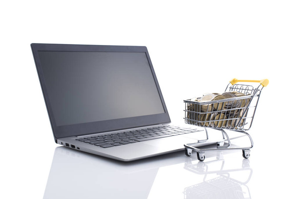 Shopping cart full of money and laptop - Foto, imagen