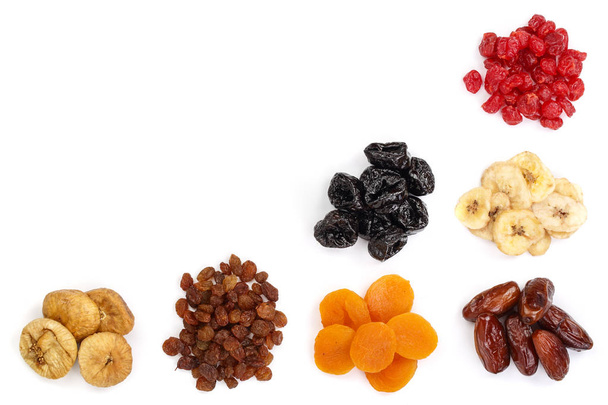 Set of dried fruits isolated on white background with copy space for your text. Top view. Flat lay - Photo, Image