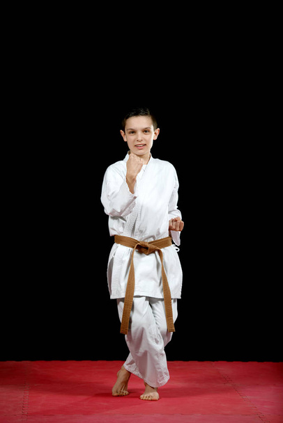One little boy in white kimono during training karate kata exercises - Photo, Image