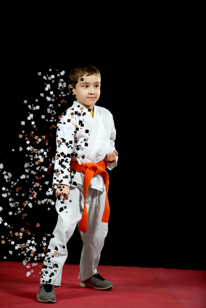 ein kleiner Junge im weißen Kimono beim Training der Karate-Kata-Übungen - Foto, Bild