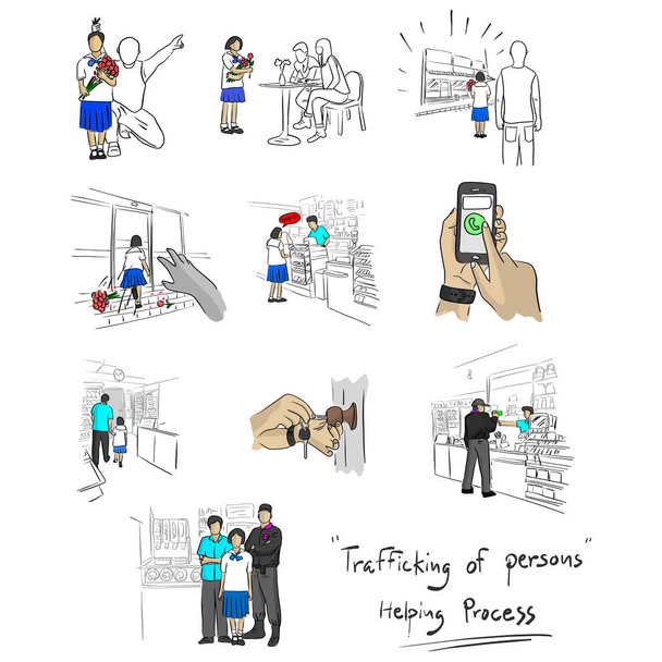 βοηθώντας την διαδικασία της εμπορίας ανθρώπων στην Ταϊλάνδη εικονογράφηση διάνυσμα σκίτσο doodle χέρι με μαύρες γραμμές που απομονώνονται σε λευκό φόντο - Διάνυσμα, εικόνα