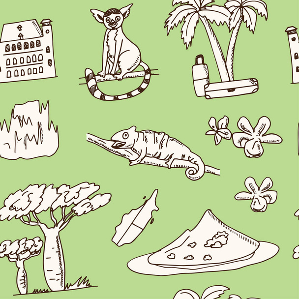 Madagascar hand drawn doodle seamless pattern. Sketches. Vector illustration for design and packages product. - Vetor, Imagem