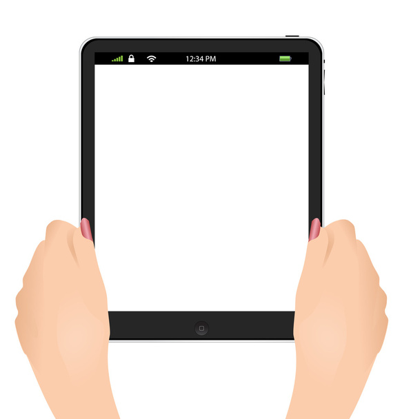 ręka trzymająca ekran dotykowy tablet pc z pustego ekranu na białym tle. - Wektor, obraz