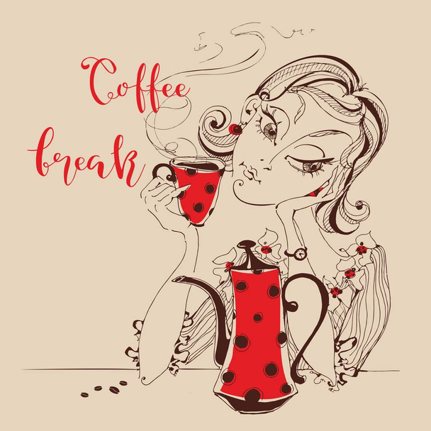 Lány kávét iszik. Kávészünet felirat. Karikatúra-stílus. Piros kávé pot, és a bögre. Vektoros illusztráció - Vektor, kép