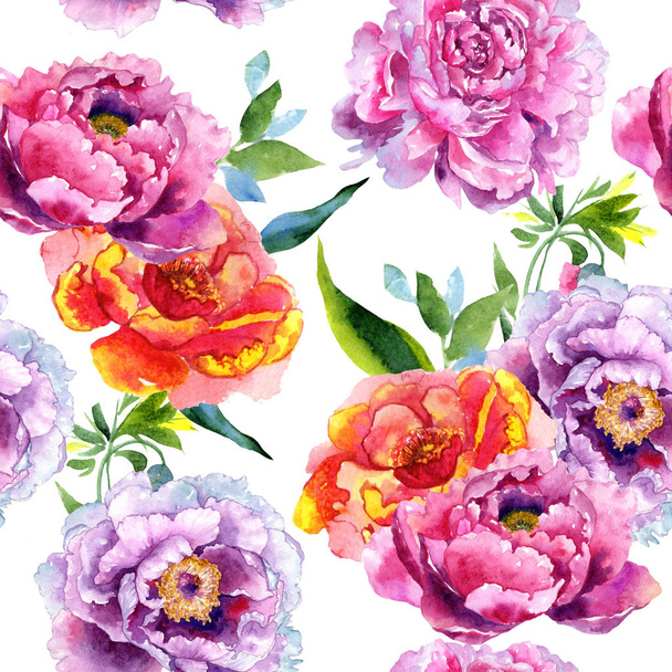 Wildflower peony pink flower pattern in a watercolor style. - Zdjęcie, obraz