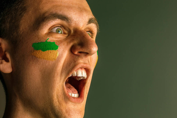 Portrait of a man with the flag of the Brazil painted on him face. - Fotoğraf, Görsel
