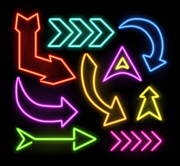 Neon glowing arrow pointer set on dark background - Вектор,изображение