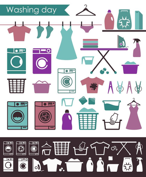Ícones sobre um tema de lavagem e cuidado de roupas
 - Vetor, Imagem