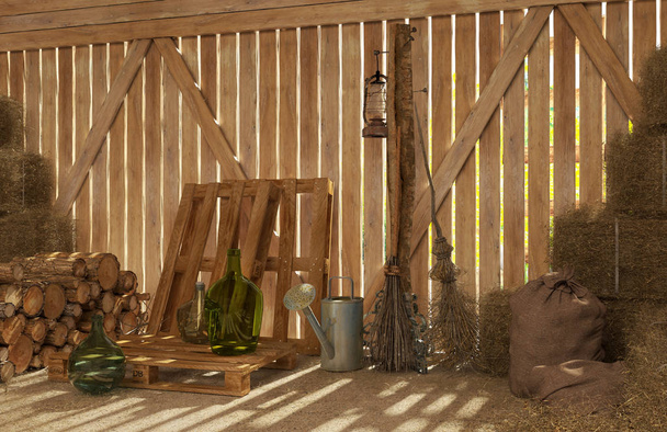 The interior of the old rural barn with bales of hay, firewood, tools for work. Rays of light through the cracks inside. 3D visualization. - Photo, Image