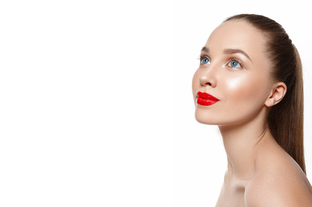 Portrait of young woman with red lips isolated on white background - Photo, image