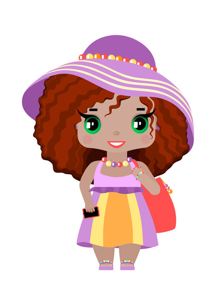 kleines Mädchen mit grünen Augen und gewellten roten Haaren im lila Strandoutfit, Sonnenbrille, Hut, mit Strandtasche und Telefon - Vektor, Bild