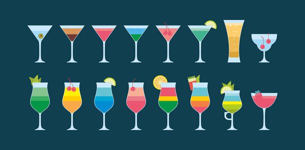 Kleurrijke verschillende cocktails pictogram. vlakke stijl. geïsoleerd op donker blauwe achtergrond - Vector, afbeelding