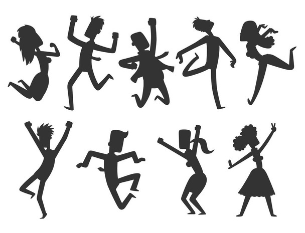 Mensen springen in de viering partij vector gelukkig man springen viering vreugde karakter silhouet vrolijke vrouw actieve geluk expressie veel vrolijke vrienden portret. - Vector, afbeelding