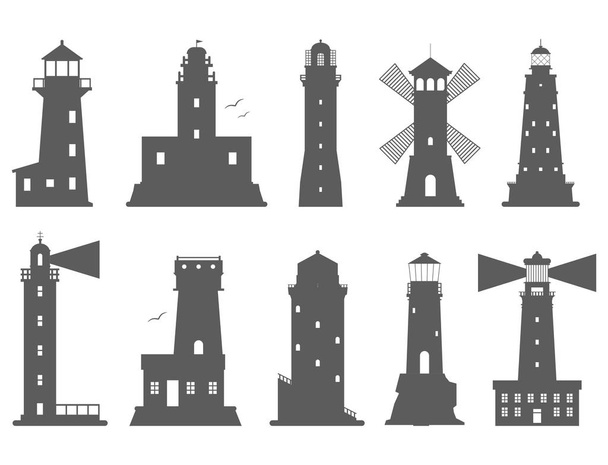 Lighthouses vector silhouette flat searchlight towers for maritime navigation guidance ocean beacon light safety security symbol illustration. - Vector, Image