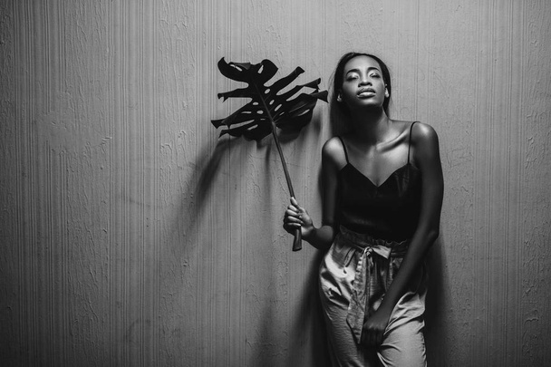 Mooie jonge Afrikaanse meisje monstera blad poseren op muur achtergrond te houden. Fashion concept, monochroom - Foto, afbeelding