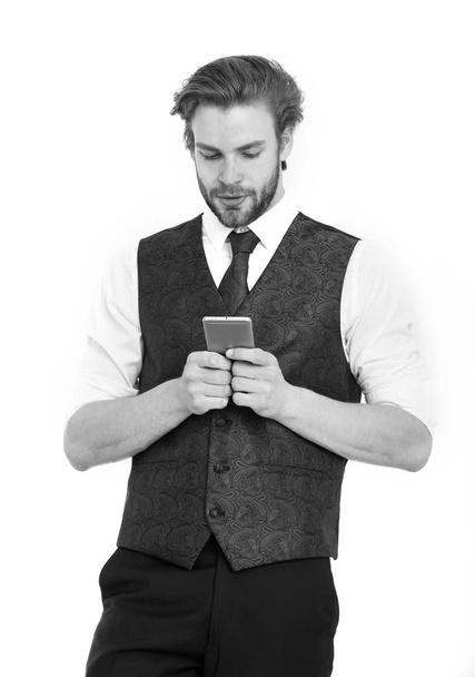Guy presenting product of smartphone. - Φωτογραφία, εικόνα