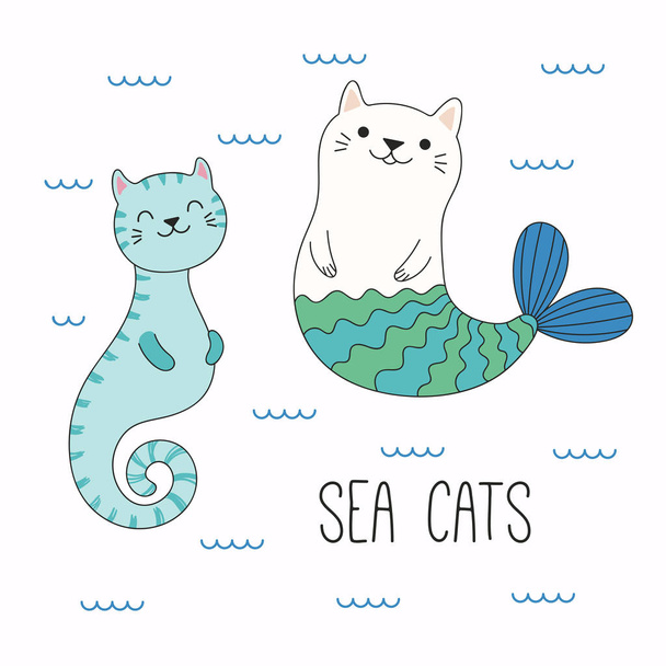 Ilustración vectorial dibujada a mano de kawaii divertido gato caballito de mar y sirena nadando en el mar, concepto de diseño para niños imprimir
  - Vector, imagen