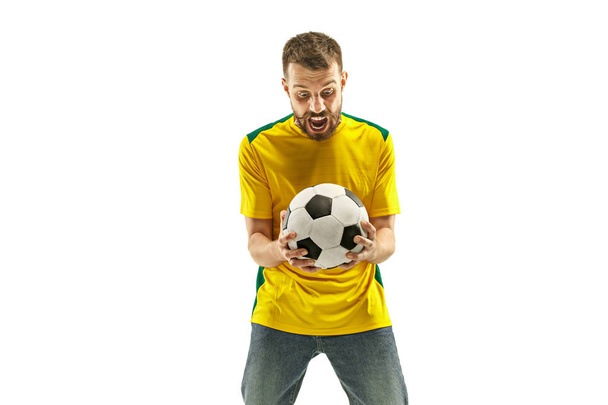 Brazilian fan celebrating on white background - Zdjęcie, obraz