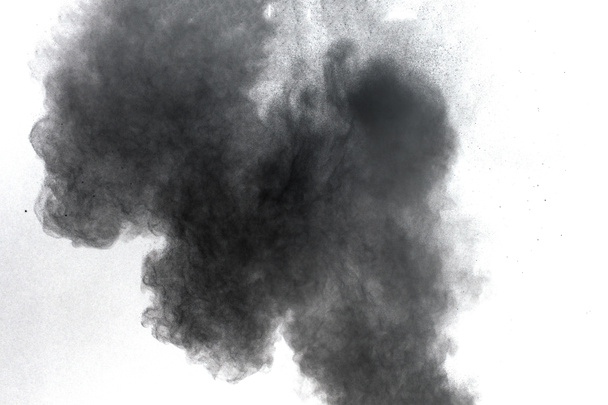 Black powder explosion against white background.The particles of charcoal splatted on white background. Closeup of black dust particles explode isolated on white background. - Photo, Image