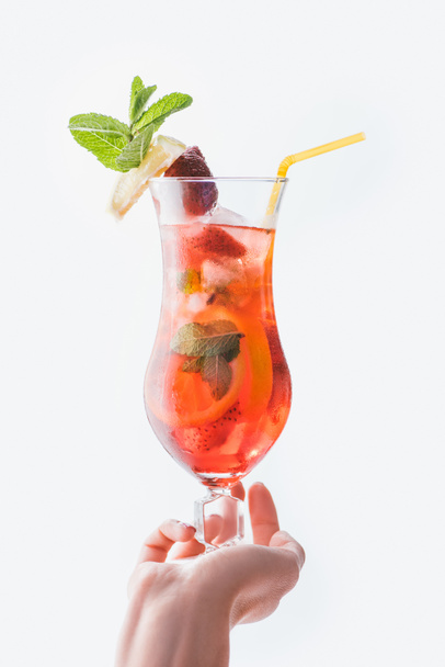 cropped shot of woman holding summer fresh strawberry cocktail with straw isolated on white - Φωτογραφία, εικόνα