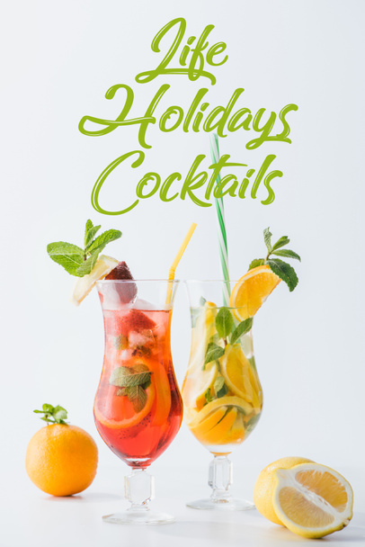close up view of summer fresh cocktails with lemon and orange pieces, mint, life holidays cocktails lettering isolated on white - Photo, Image