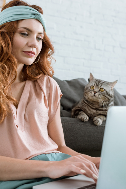 hermosa joven mujer trabajando con portátil mientras está sentada cerca de su gato tabby en casa
 - Foto, imagen