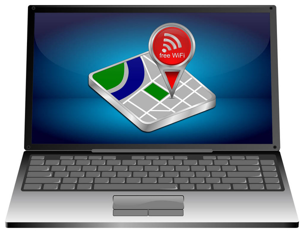 Laptop-Computer mit rotem Kartenzeiger mit kostenlosem Wifi-Symbol auf blauem Desktop - 3D-Abbildung - Foto, Bild