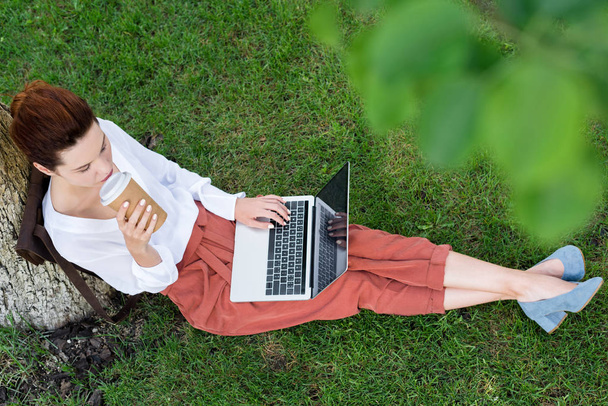 vista superior de la joven mujer feliz que trabaja con el ordenador portátil mientras está sentado en la hierba con una taza de papel de café
 - Foto, Imagen