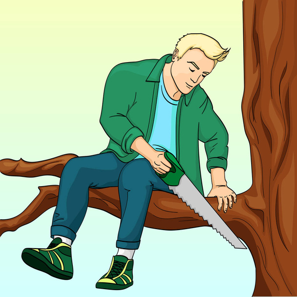 Muž řezání větve stromu, na kterém sedí pop art retro vektorové ilustrace. Udělejte si horší metafora. Barva pozadí. - Vektor, obrázek