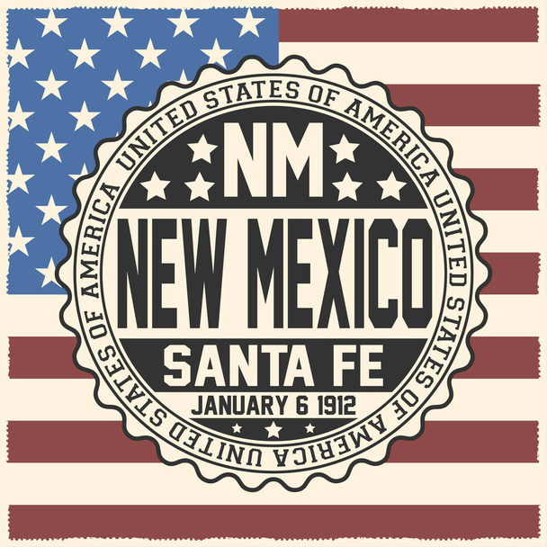 Dekorative Briefmarke mit Text Vereinigte Staaten von Amerika, nm, New Mexico, Santa Fe, 6. Januar 1912 auf US-Flagge. - Vektor, Bild