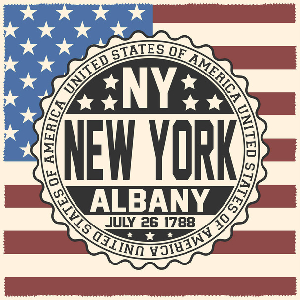 Dekorative Briefmarke mit Text Vereinigte Staaten von Amerika, New York, Albanien, 26. Juli 1788 auf US-Flagge. - Vektor, Bild