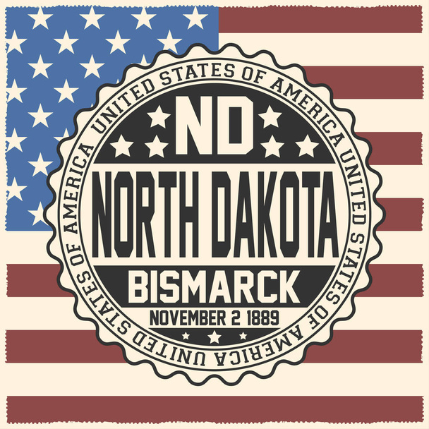 Dekorative Briefmarke mit Text Vereinigte Staaten von Amerika, nd, North Dakota, Bismarck, 2. November 1889 auf US-Flagge. - Vektor, Bild