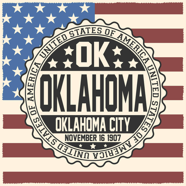 Decorative stamp with text United States of America, OK, Oklahoma, Oklahoma City, November 16, 1907 on USA flag. - Vector, Image