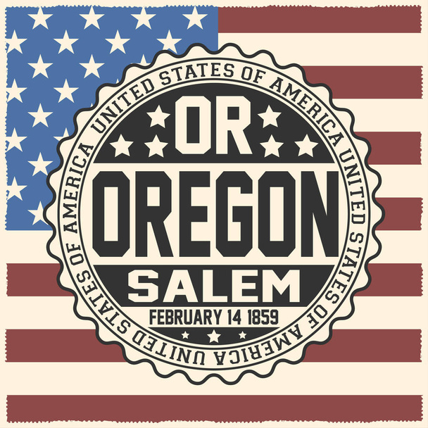 Dekorative Briefmarke mit Text Vereinigte Staaten von Amerika, oder, oregon, Salem, 14. Februar 1859 auf US-Flagge. - Vektor, Bild